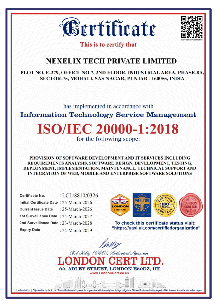 ISO/IEC 20000-1:2018 Certificate – Nexelix Tech Private Limited