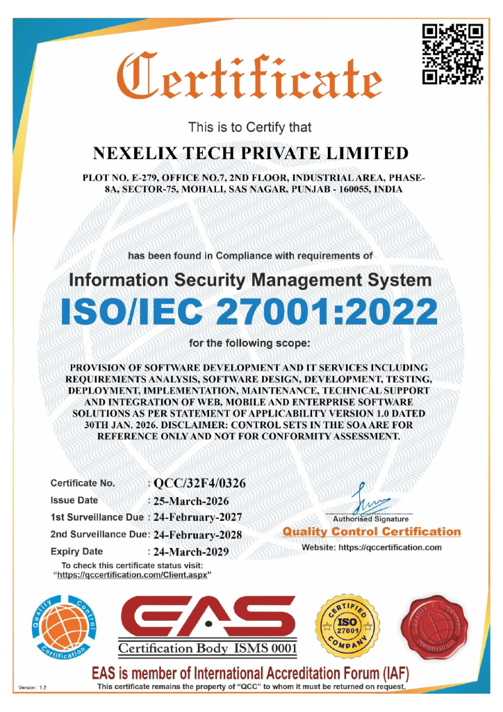 ISO/IEC 27001:2022 Certificate – Nexelix Tech Private Limited