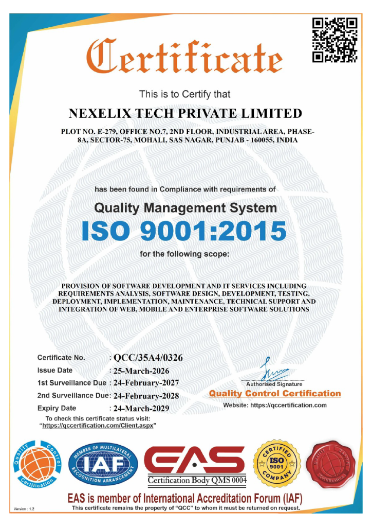 ISO 9001:2015 Certificate – Nexelix Tech Private Limited